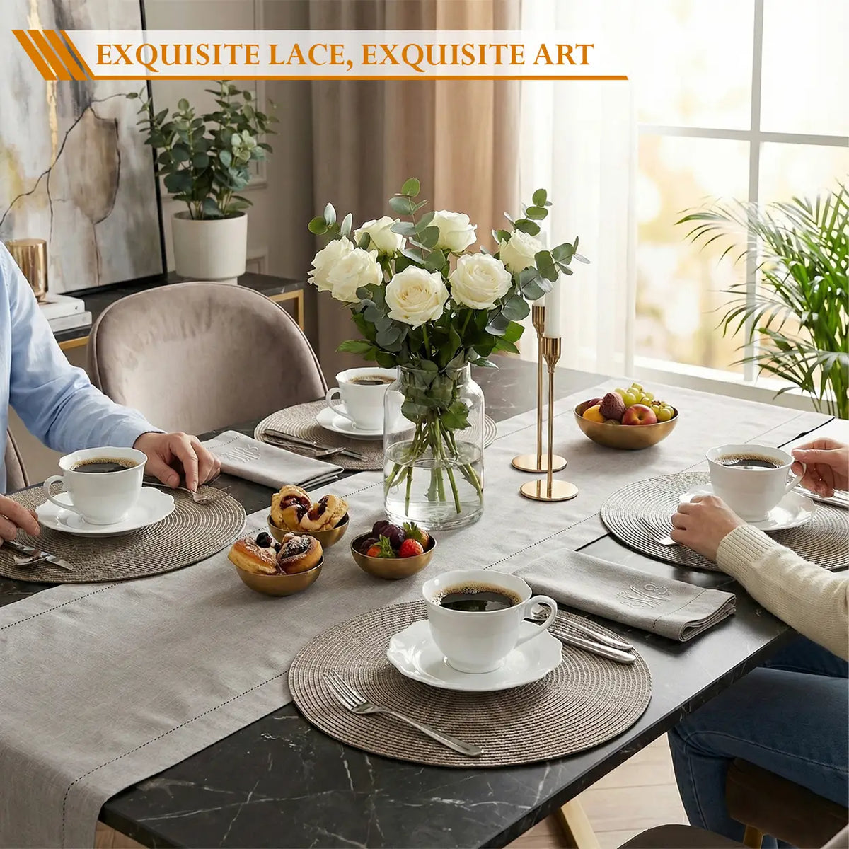 Elegantes weißes Keramikgeschirr, 8-teilig – 4 Tassen mit Untertassen – rundes Design – für den täglichen Gebrauch