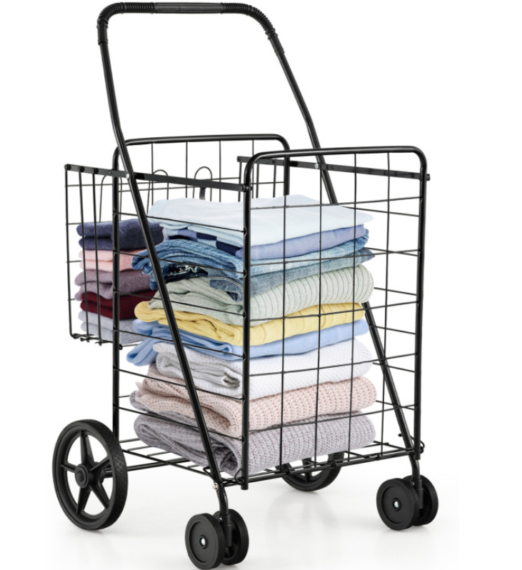 Geräumiger faltbarer Einkaufswagen mit Rädern - 360-Grad-Drehung - Metalltasche