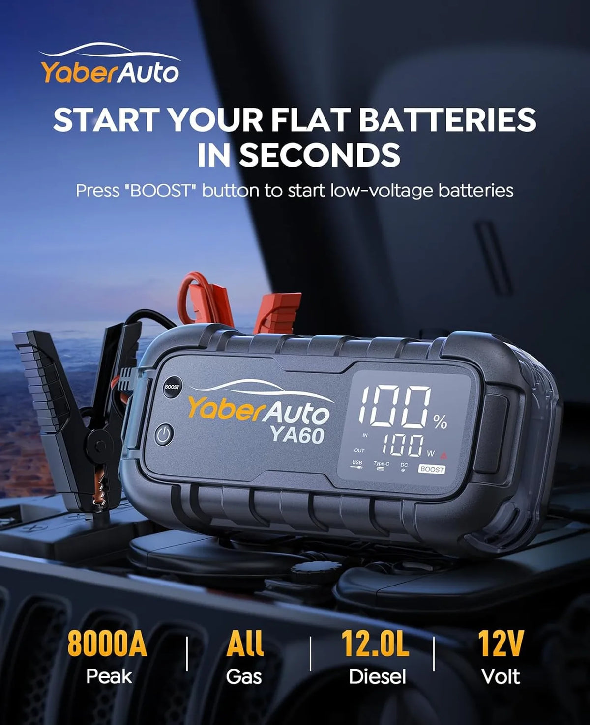 YaberAuto YA60 Starthilfe 8000 A – 26.800 mAh – 65 W Schnellladung, LED