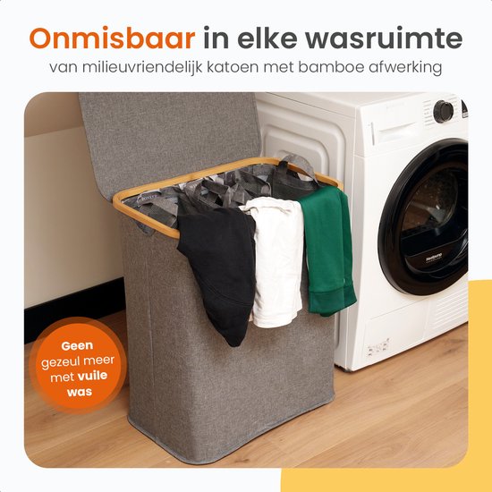 Goliving Wäschesortierer 3 Boxen - 150L - Faltbarer Wäschekorb mit Deckel - 3 herausnehmbare Taschen mit farbigen Etiketten - 57 x 37 x 66 cm - Grau