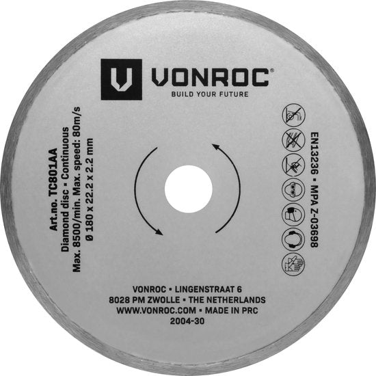 VONROC Diamanttrennscheibe Ø180mm - Voller Rand - Universal - Unter anderem geeignet für VONROC TC501AC Fliesensäge