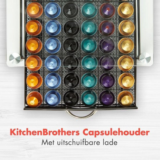 KitchenBrothers Kapselhalter - mit Schublade - Nespresso - 60 Kapseln - Glas - Edelstahl/Schwarz