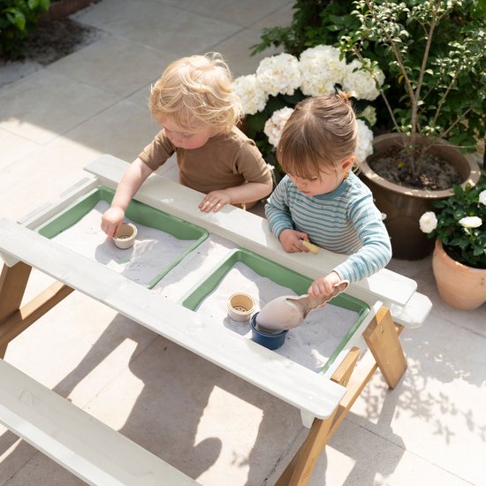 Sunny Dave Zand & Water Picknicktisch in Beige für Kinder – Multifunktionaler Picknicktisch mit 2 herausnehmbaren Kunststoffbehältern – FSC-zertifiziertes Holz