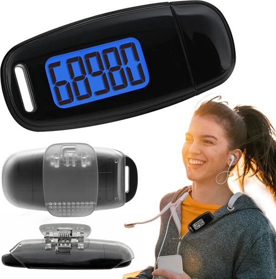Garpex® Schrittzähler mit Clip und Trageschnur - USB-Ladung - Activity Tracker - Schrittzähler - Großes Display - Tasche - Schwarz