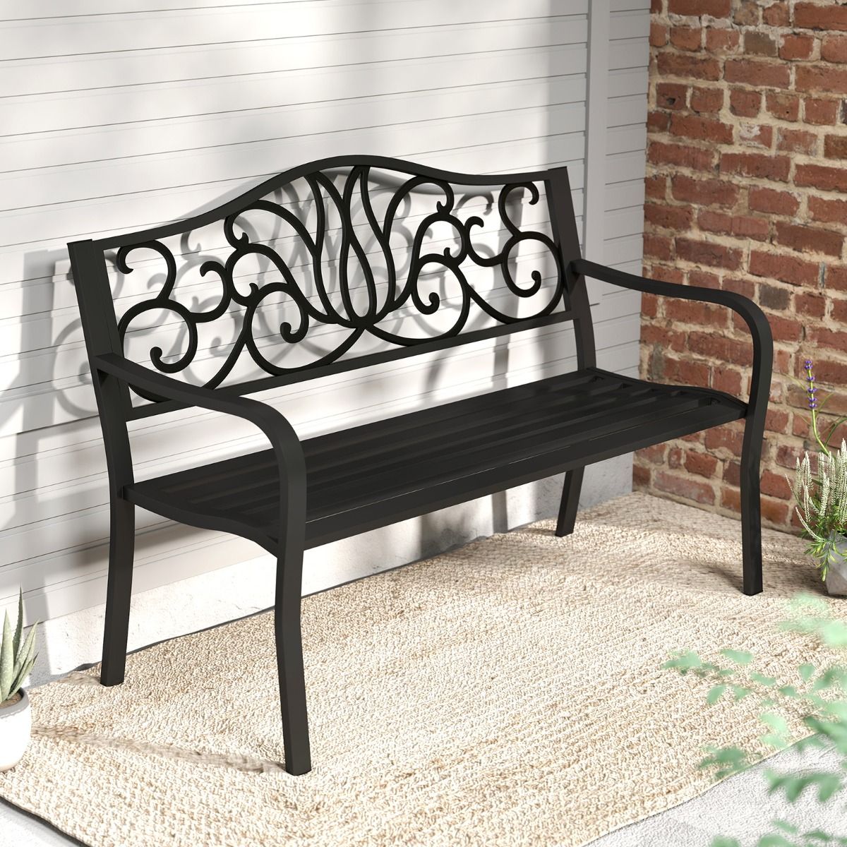 coast Gartenbank Schwarz - Gusseisenrücken mit Blumenmuster - 127 x 61 x 89 cm - 2-3 Personen Terrassenbank mit Armlehnen