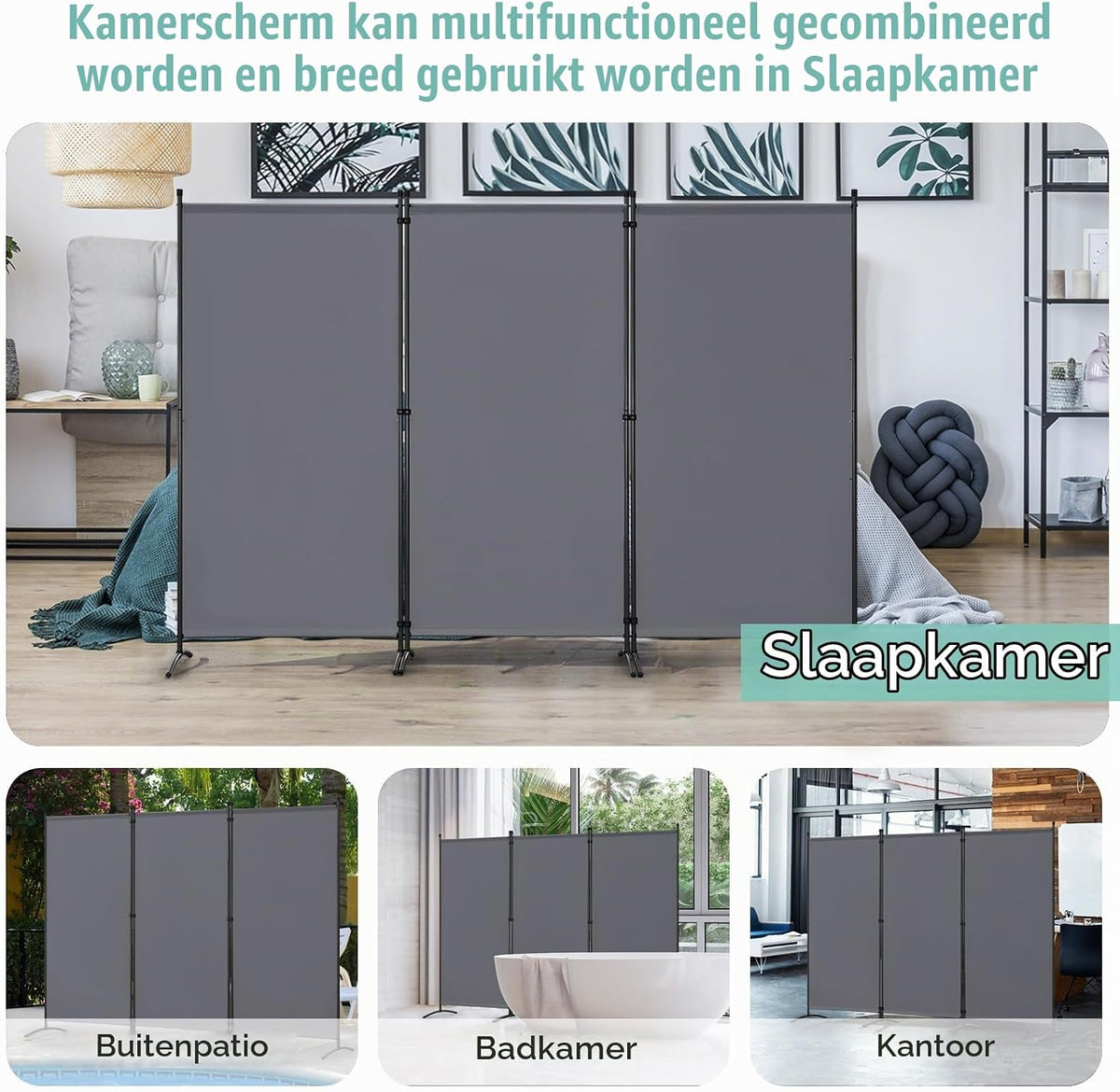 Angel Living Paravent mit 3 Paneelen – 243 x 180 cm – Grau