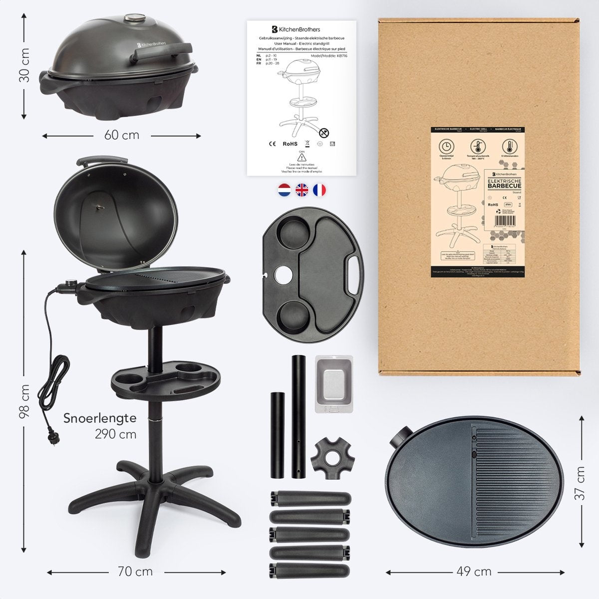 KitchenBrothers Elektrogrill - mit Grillplatte - Antihaftbeschichtung - Inkl. Ablage/Halterungen - Grillfläche 46,5x33,8cm - bis zu 300Â°C - 2400W - Schwarz