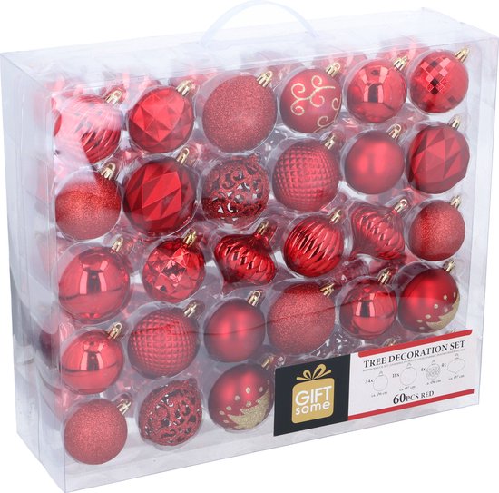 Giftsome Set mit roten Weihnachtskugeln – 60 Stück Weihnachtskugeln aus Kunststoff – 6/7 cm