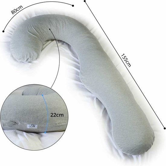 EL-Life Schwangerschaftskissen XXL - J-Shape - 155cm - abnehmbarer Jersey-Baumwollbezug - Hellgrau