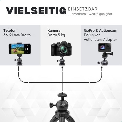 LURK® - 3 in 1 Flexibles Octopus-Stativ Stativ - für Smartphone & (Action-)Kamera - Inkl. Telefonklemme und Bluetooth-Fernbedienung - 25 cm