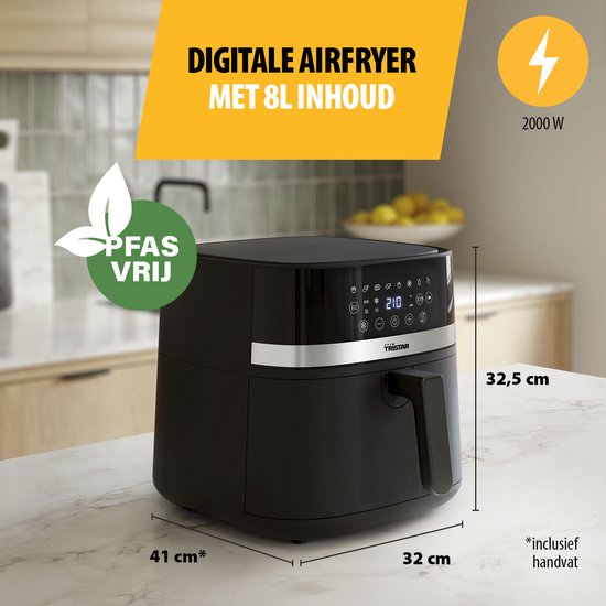 Tristar Airfryer FR-9418 – 8 l – Großes Fassungsvermögen XXL – PFAS-frei – 7 Programme – Warmhaltefunktion – 2000 Watt