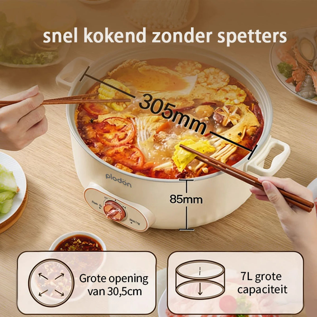 Plodon Elektrischer Hotpot 7 Liter – Multifunktionaler Kochtopf mit Antihaftbeschichtung – 1600 W – Ø 30,5 x 8,5 cm – RHG-70XVv
