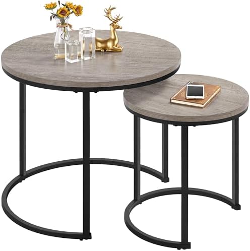 Yaheetech Couchtisch-Set, bestehend aus 2 runden Beistelltischen mit Metallgestell – Eiche-Farbton