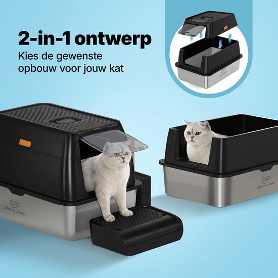 Jake und Jacky Edelstahl-Katzenklo – Katzen-Toilette aus Edelstahl – inkl. Katzenschaufel mit Halter und Streuauffang-Trittstufe – 2-in-1-Katzenklo mit abnehmbarem Deckel – 60 x 40 x 38 cm – Schwarz