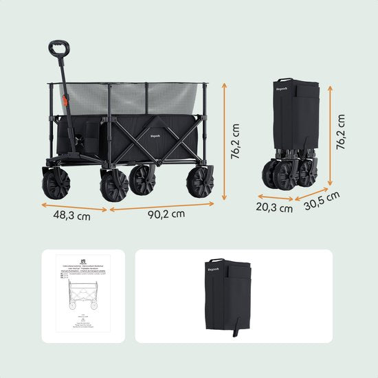 LifeGoods Wagon - Faltbarer Wagen - 100KG - 230L - Erhöht - Mit Schutzhülle - Schwarz