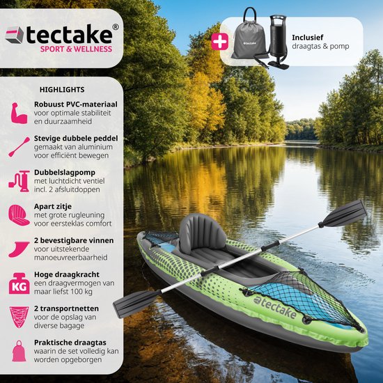 tectake - Aufblasbares Kajak - Aufblasbares Kanu für 1 Person mit Doppelpaddel und Zubehör - Sitz, Pumpe, Transporttasche - Wassersport - Ruderboot