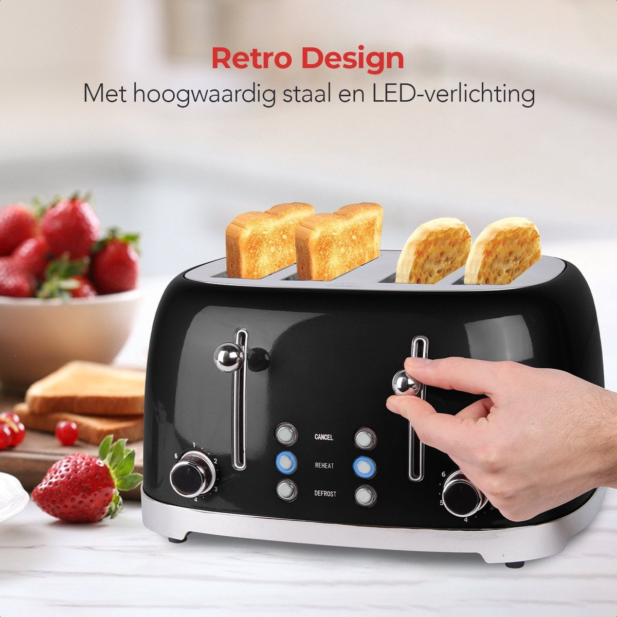 KitchenBrothers Retro-Toaster - 6 Heizstufen - 4 extra breite Schlitze - 1630W - Aufwärm- und Auftaufunktion - Schwarz