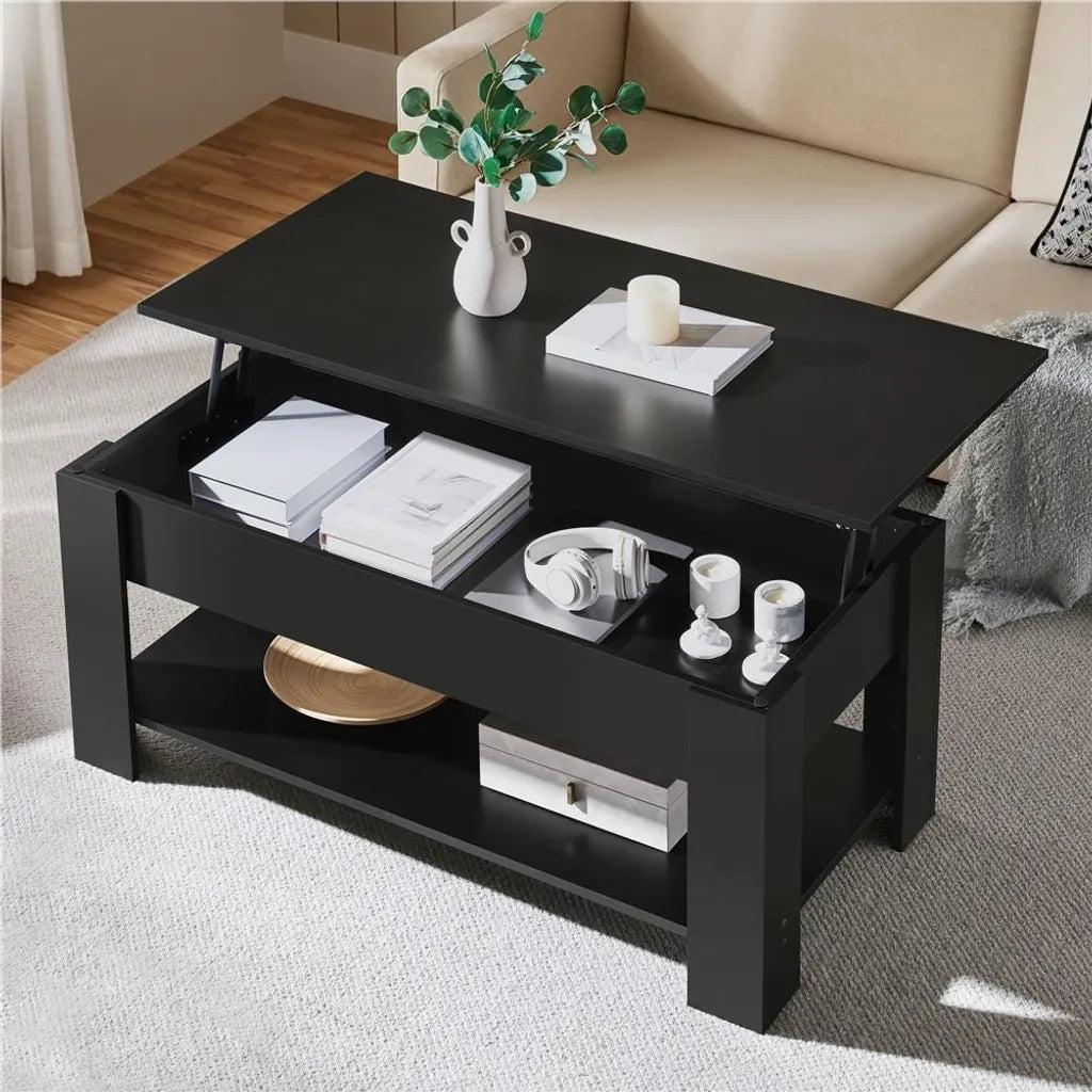 Yaheetech Couchtisch 120 x 59 cm – Schwarz – Verstellbarer Couchtisch mit Stauraum und Hebemechanismus