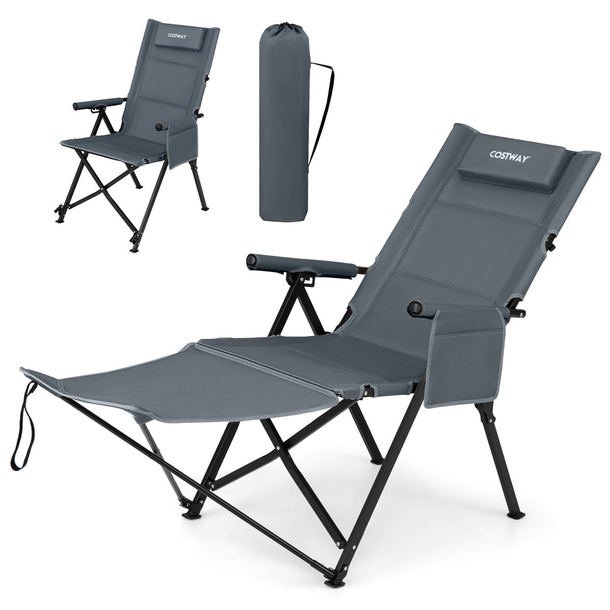 Coast Klappbarer Campingstuhl mit Fußstütze – 4-fach verstellbare Rückenlehne – Seitentasche und Kissen – grau