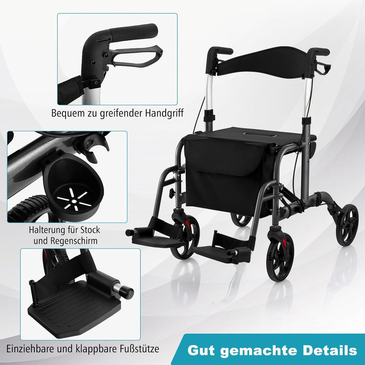 Coast Faltbarer Rollator - Multifunktional - Höhenverstellbar - Mit Tasche und Stockhalterung - Schwarz