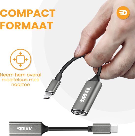 Drivv. USB-C-zu-HDMI-Adapter – Unterstützt 4K bei 30 Hz – Konverter – Typ C zu HDMI – Thunderbolt 3 – Grau