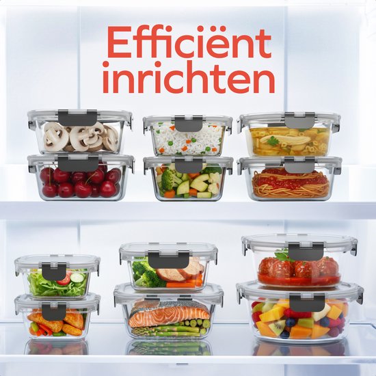 KitchenBrothers Meal Prep Trays Set - Glas Lebensmittel Lagerung Schalen - luftdicht - BPA frei - Gefrierschrank Schalen - Lagerung Schalen - 6.79L - Glas - 12 Stück