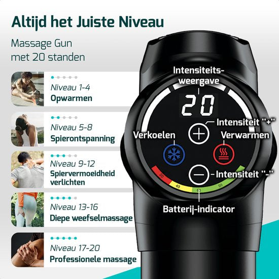 FITAGE - Massage Gun Hot & Cold - Professionelles Massagegerät - 8 Aufsätze - 20 Stufen - schwarz