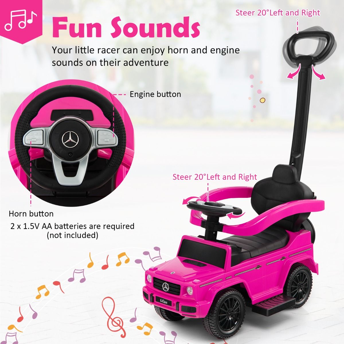 Coast Mercedes-Benz Laufwagen für Kinder – 3-in-1-Kinderwagen und Rollator – verstellbares Sonnendach – rosa