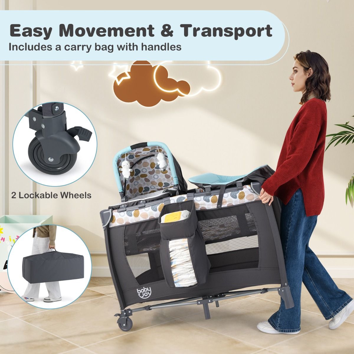 Coast 5-in-1-Reisebett für Kinder – mit Wickeltisch, Wiege und Spielpark – Blau