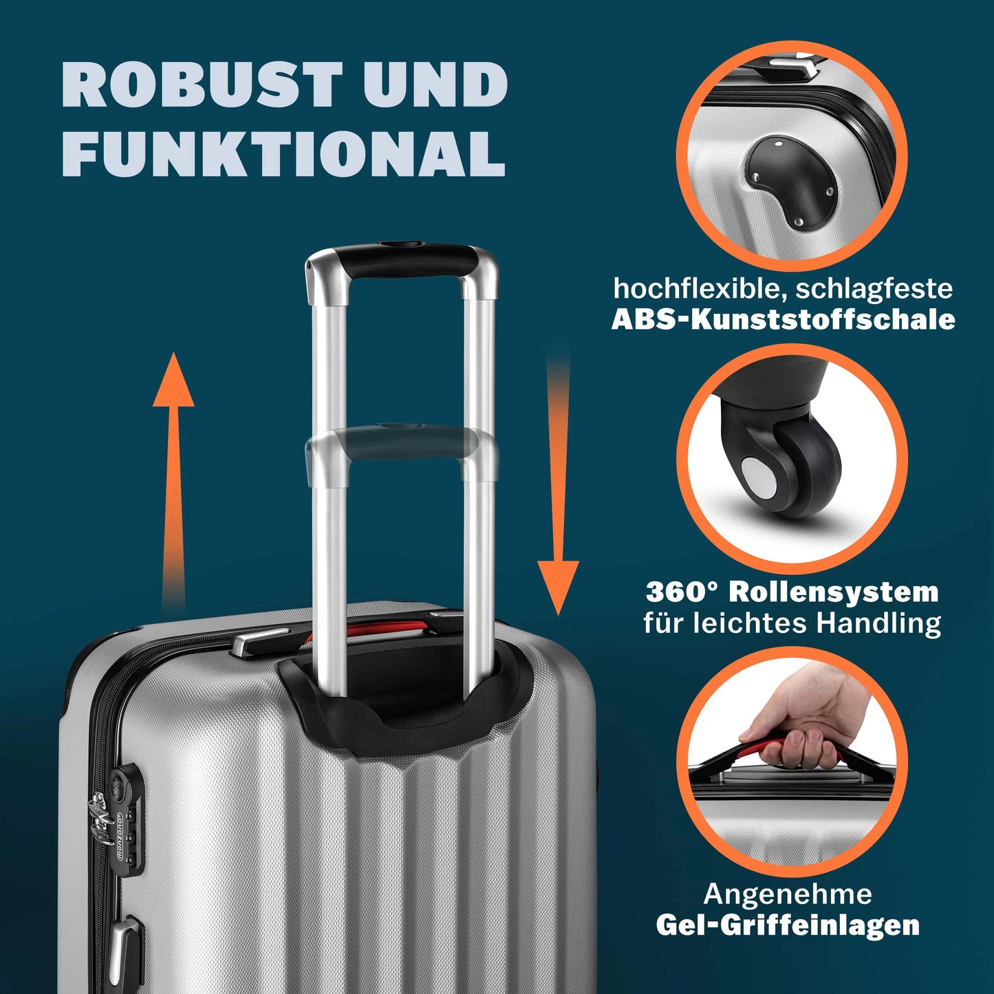 Hartschalenkoffer XL – 90 l – 360°-Rollen – ABS – Silber