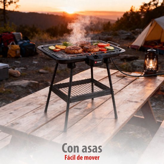 alpina Elektrischer 2-in-1-Grill 2200 W – Elektrischer Tischgrill mit Thermostat – Elektrischer Grill mit Warmhaltefunktion – Elektrischer Tischgrill mit verstellbarem Rost – 51 x 30 cm – Schwarz