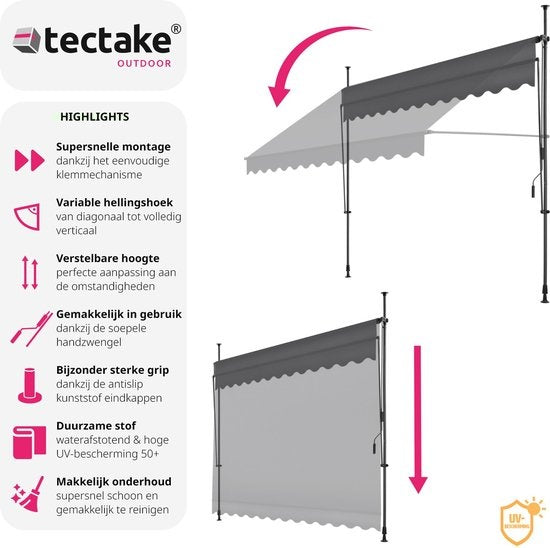 tectake - Klemmmarkise - Sonnenschirm - Markise - Verstellbar - Klemmmarkise - Sonnenschirm Balkon - 300 x 180 cm - schwarz grau - Markise - 404965