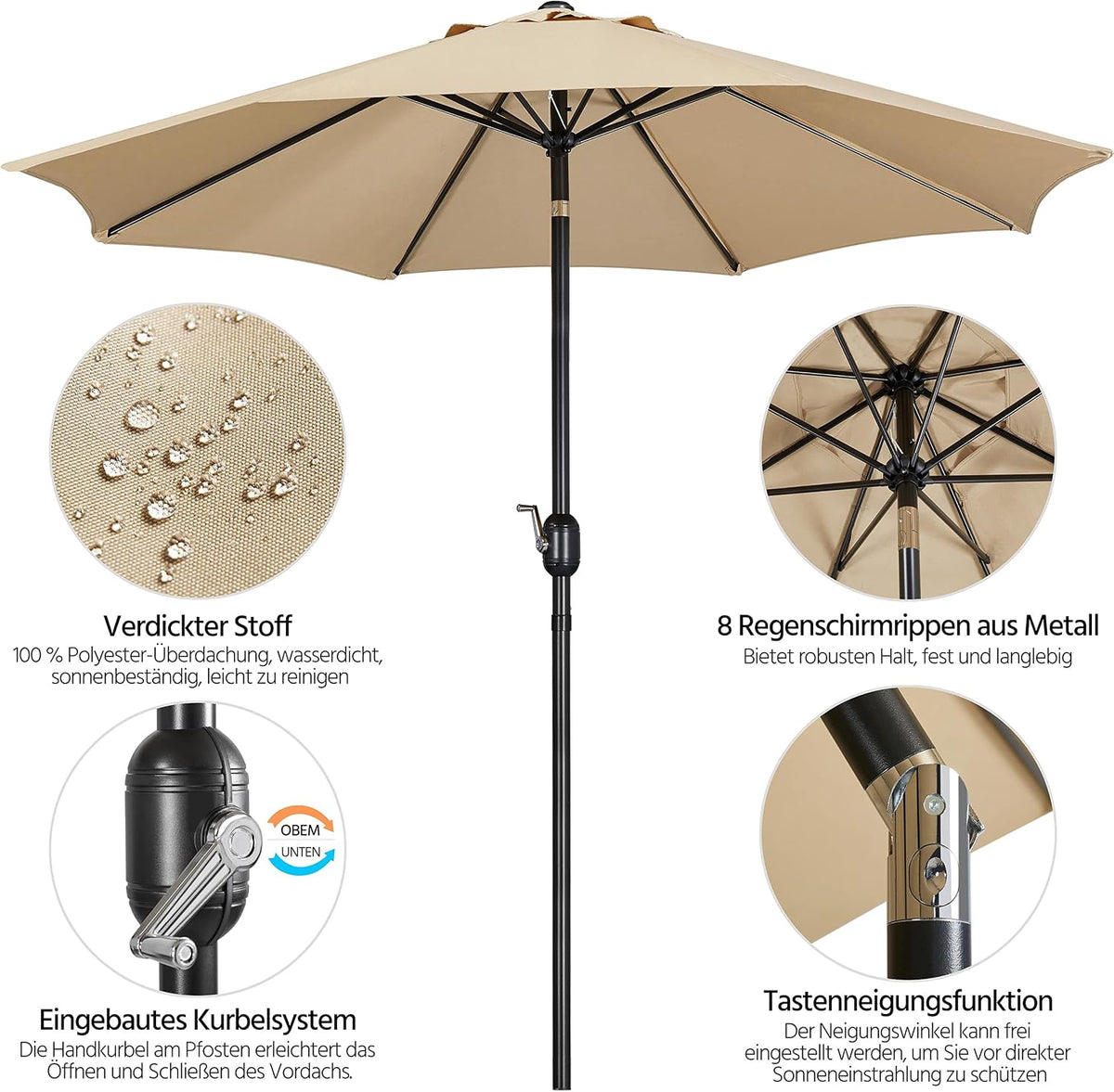 Yaheetech Sonnenschirm 270 cm – klappbar und neigbar – mit Drehstange – Polyester