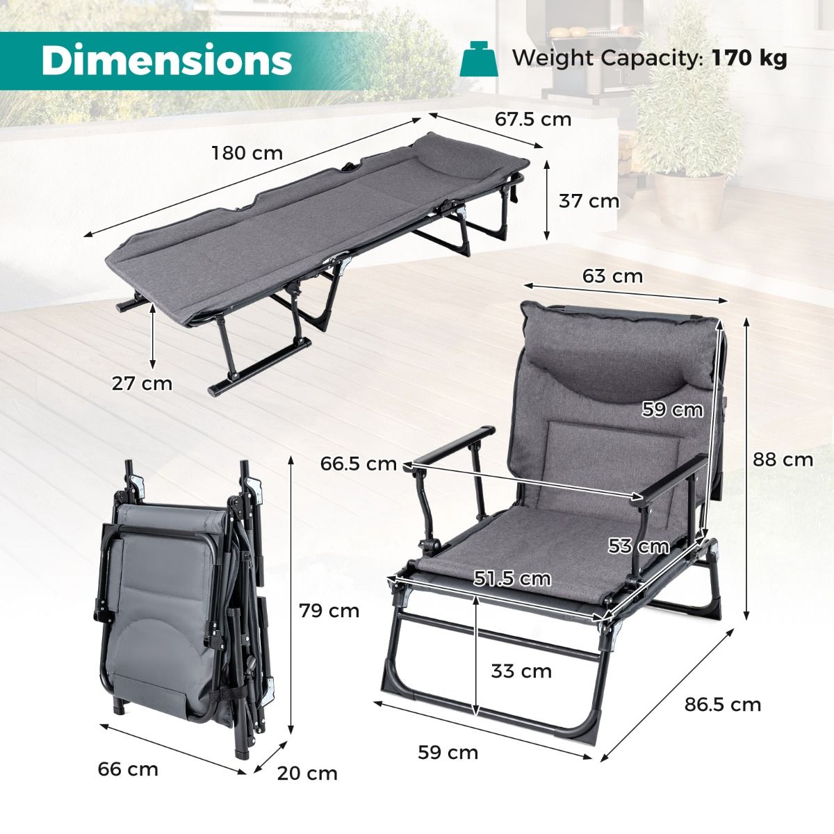 Coast Faltbares Campingbett 3-in-1 – verstellbare Rückenlehne – Kopfstütze – grau und schwarz