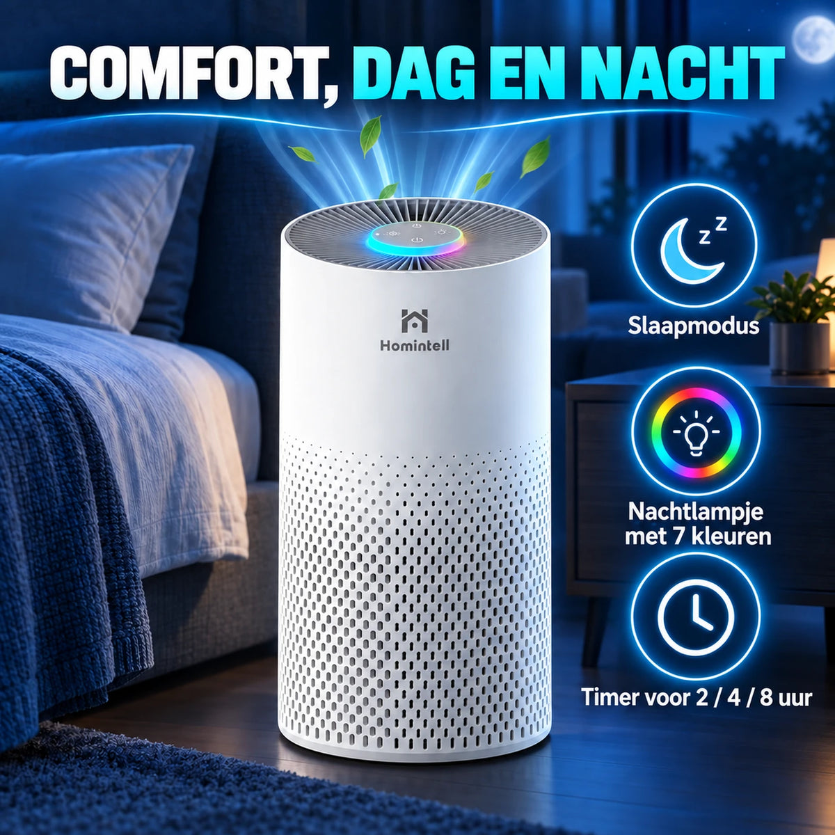 Homintell Kilo Luftreiniger – HEPA H11 & Aktivkohle – 130 m³/h – 16 m² – 3 Geschwindigkeitsstufen – PM2,5-Sensor – Touch-Bedienung – 195 × 195 × 388 mm