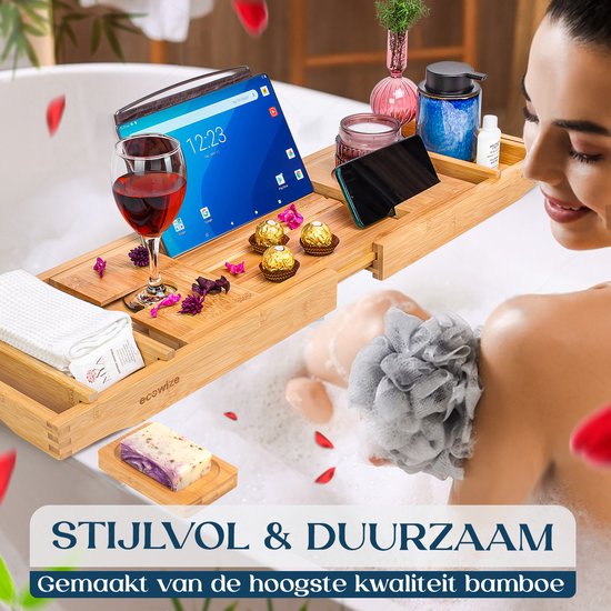 Ecowize - Luxuriöses Bambus-Badetablet - mit Buchhalterung - ausziehbar - 75cm bis 110cm - Bambus