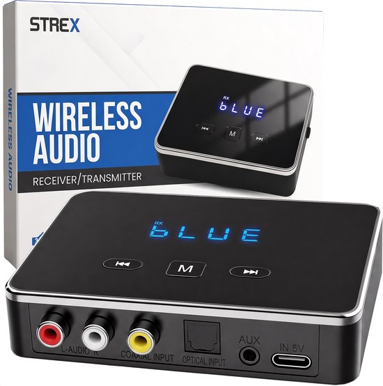 Strex Bluetooth-Sender und -Empfänger 3-in-1-Adapter – Bluetooth-Audio-Sender und -Empfänger – Bluetooth 6.0 – AUX/Cinch/Optisch – Kabellos – 15 Meter Reichweite