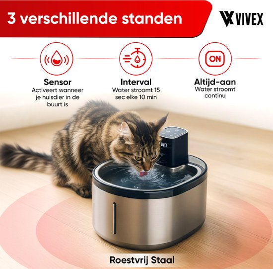 Vivex® Kabelloser Trinkbrunnen - Edelstahl - 4,5 Liter - Trinkbrunnen für Katzen und Hunde - Mit Sensor und Batterie - Inkl. 6 Filtern und Reinigung - Flüsterleise