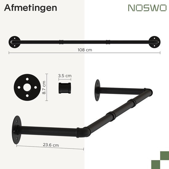 Noswo Wand-Kleiderständer - Hochwertiger Stahl-Kleiderständer - Kleiderständer - Hängeregal - Garderobenstange - 112 x 23,6 CM - Schwarz