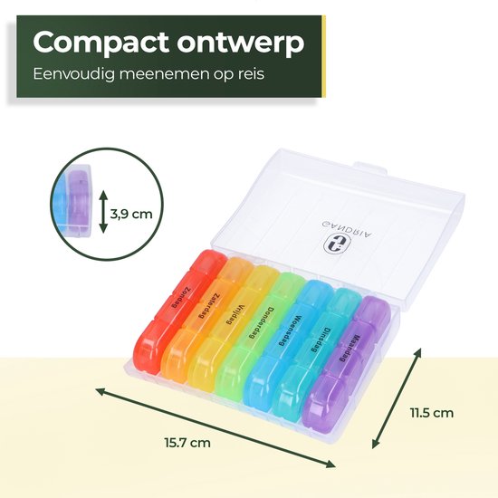 Gandria Pillenbox 7 Tage - Herausnehmbare Pillenbox - Medizinbox mit 28 Fächern - Medizinbox mit stabilem Verschluss - 4 Fächer pro Tag - 7 Farben