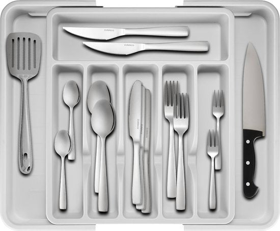Deleca Ausziehbarer Besteckkasten mit 8 Fächern - Besteckschubladenorganisation - Küchenschubladenbesteckorganisation - Besteckhalter Küche - 57 x 38 cm - Kunststoff / Weiß Grau