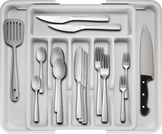 Deleca Ausziehbarer Besteckkasten mit 8 Fächern - Besteckschubladenorganisation - Küchenschubladenbesteckorganisation - Besteckhalter Küche - 57 x 38 cm - Kunststoff / Weiß Grau