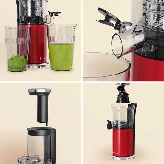 KitchenBrothers Slowjuicer - Vertikal - Entsafter - Gemüse- und Obstpresse - 80 mm - 750 ml - Rot