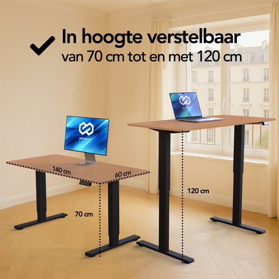 Infinity Goods Sitz-Steh-Schreibtisch, elektrisch verstellbar – 140 x 60 cm – Speicherfunktion – Holzoptik