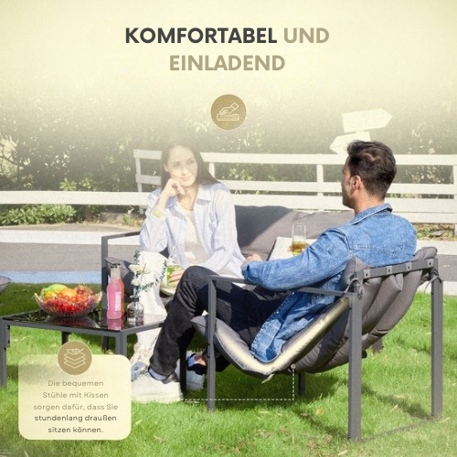 O'DADDY® Lounge Set für 4 Personen - Inklusive Kissen - Gartenmöbelset - Glastisch - Metall - dunkelgrau