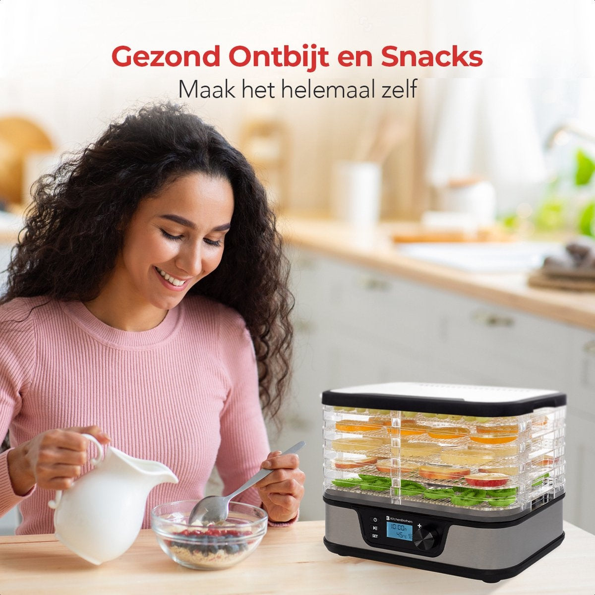 KitchenBrothers Dörrgerät - Elektrisch 380W - 5 Schichten - 9 Heizstufen - 35Â°C bis 75Â°C - LCD Display - Timer - Edelstahl/Schwarz