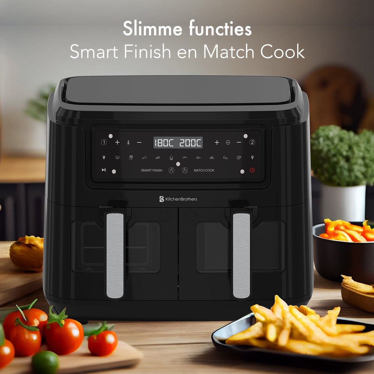 KitchenBrothers - Airfryer XXL - 9L - Heißluftfritteuse - 2 x 4.5L - 2400W - Schwarz