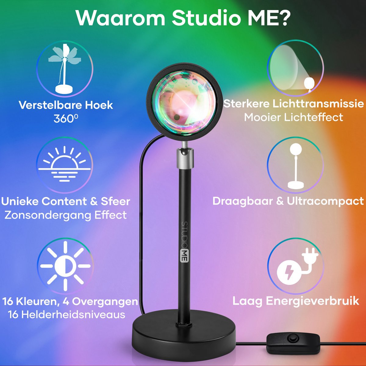 Studio ME Sunset Lamp - Ambientelampe - 16 Farben - Ambientelicht für Innenräume - Galaxy Projektorlampe - Inkl. Fernbedienung - Tiktok Lampe - 360° drehbar - Projektorlampen