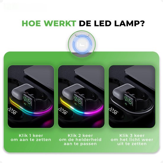 iSetchi Wireless Qi Charger 15 Watt Schnellladegerät (4-in-1) - Mit Quick Charge 3.0 Adapter, LED Uhr & LED Lampe - Qi Ladestation