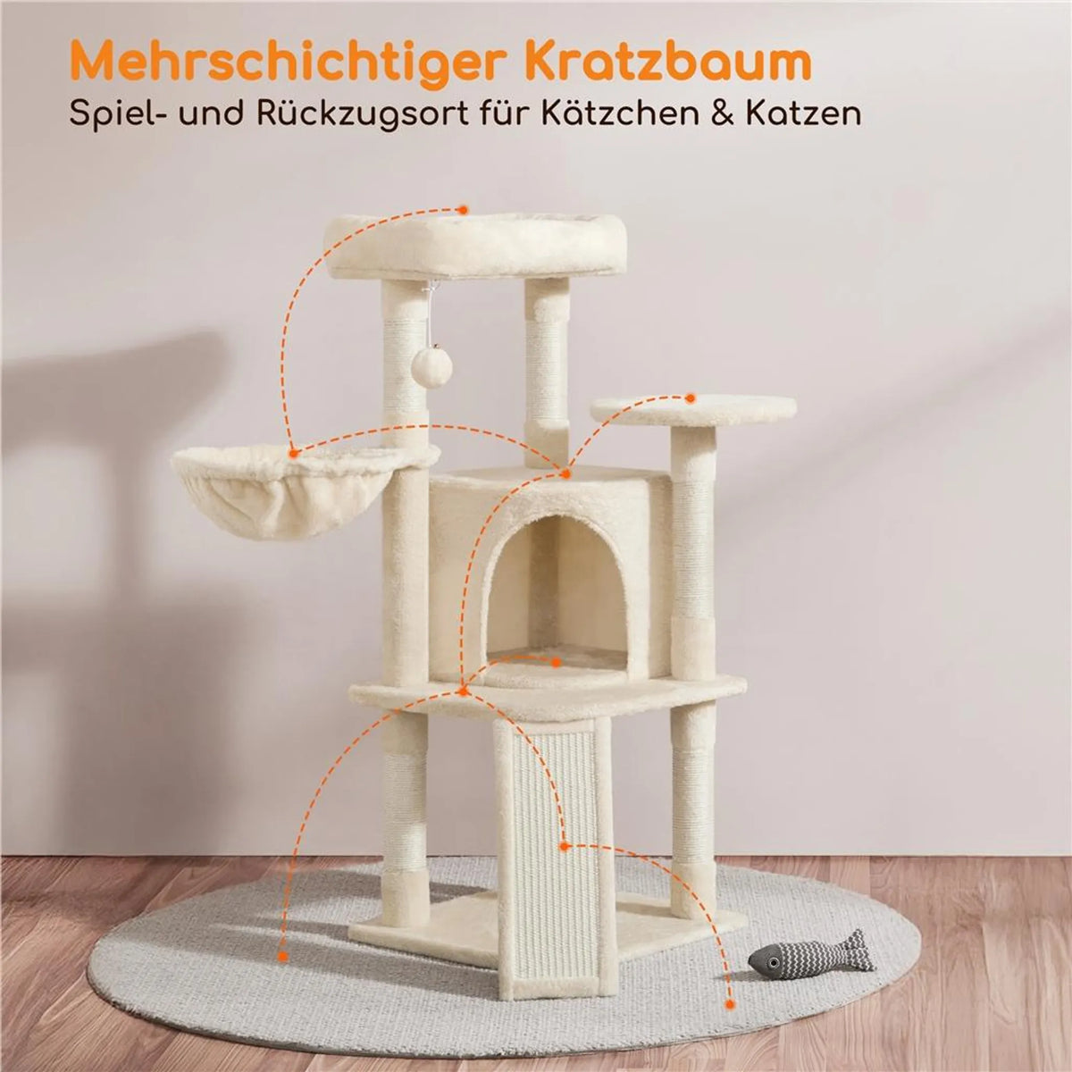 Yaheetech Mittelgroßer Kratzbaum - 43,5 x 43,5 x 106 cm - Mit großzügiger Aussichtsplattform und Hängematte und Katzenkorb mit 5 Sisalstäben - Für Kätzchen und mittelgroße Katzen - Beige Plüsch und Spanplatte